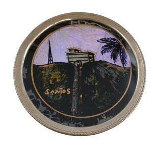 Vintage 1960s Souvenir Pin Dish Chrome Round Art Deco Pictures of Santos Brazil